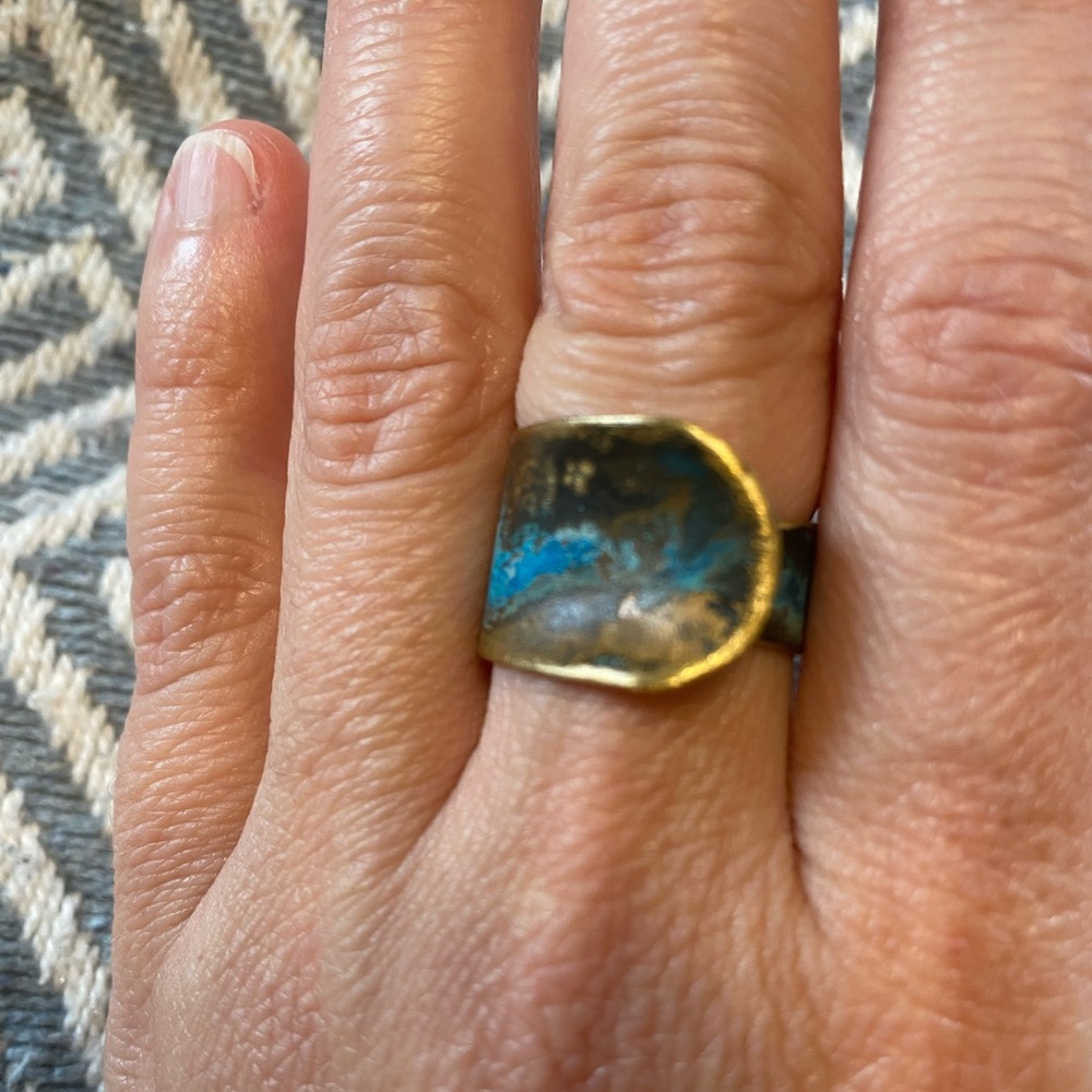 Handmade Brass Blue Patina Adjustable Ring
